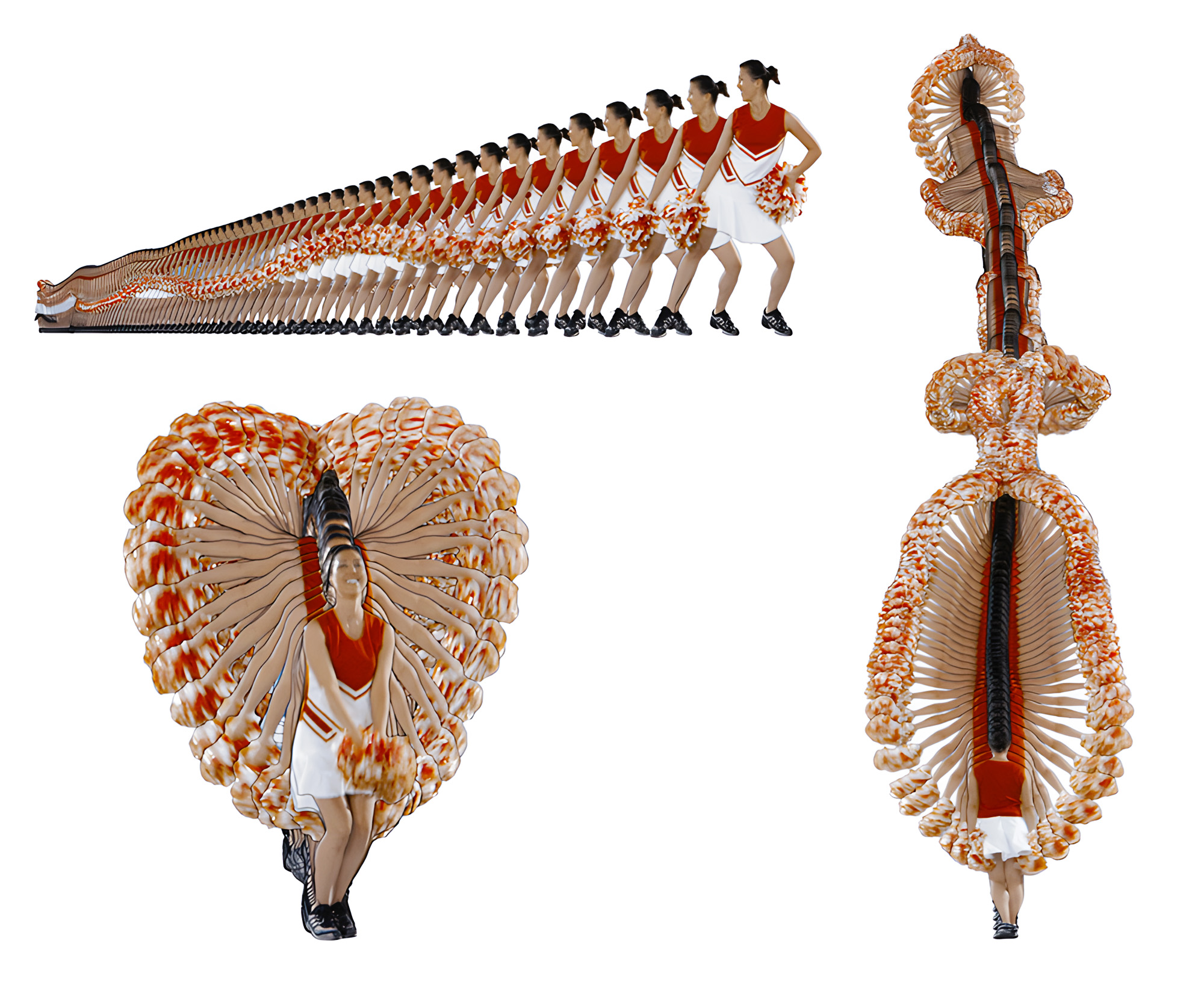 MoFrames visualization of a cheerleading performance by Martin Hilpoltsteiner: layered motion patterns of arm and pom-pom movements form a heart, capturing rhythm, symmetry, and the expressive flow of coordinated choreography.