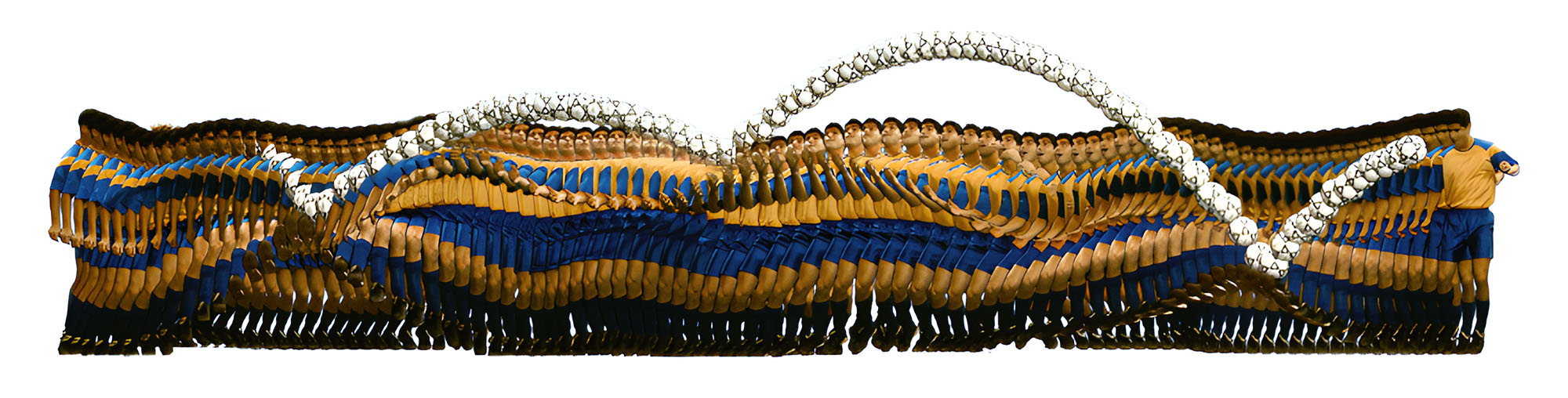 MoFrames visualization of soccer ball juggling by Martin Hilpoltsteiner: the motion sequence reveals the rhythmic interplay between athlete and ball, highlighting spatial loops, timing, and flow in a continuous ball control performance.