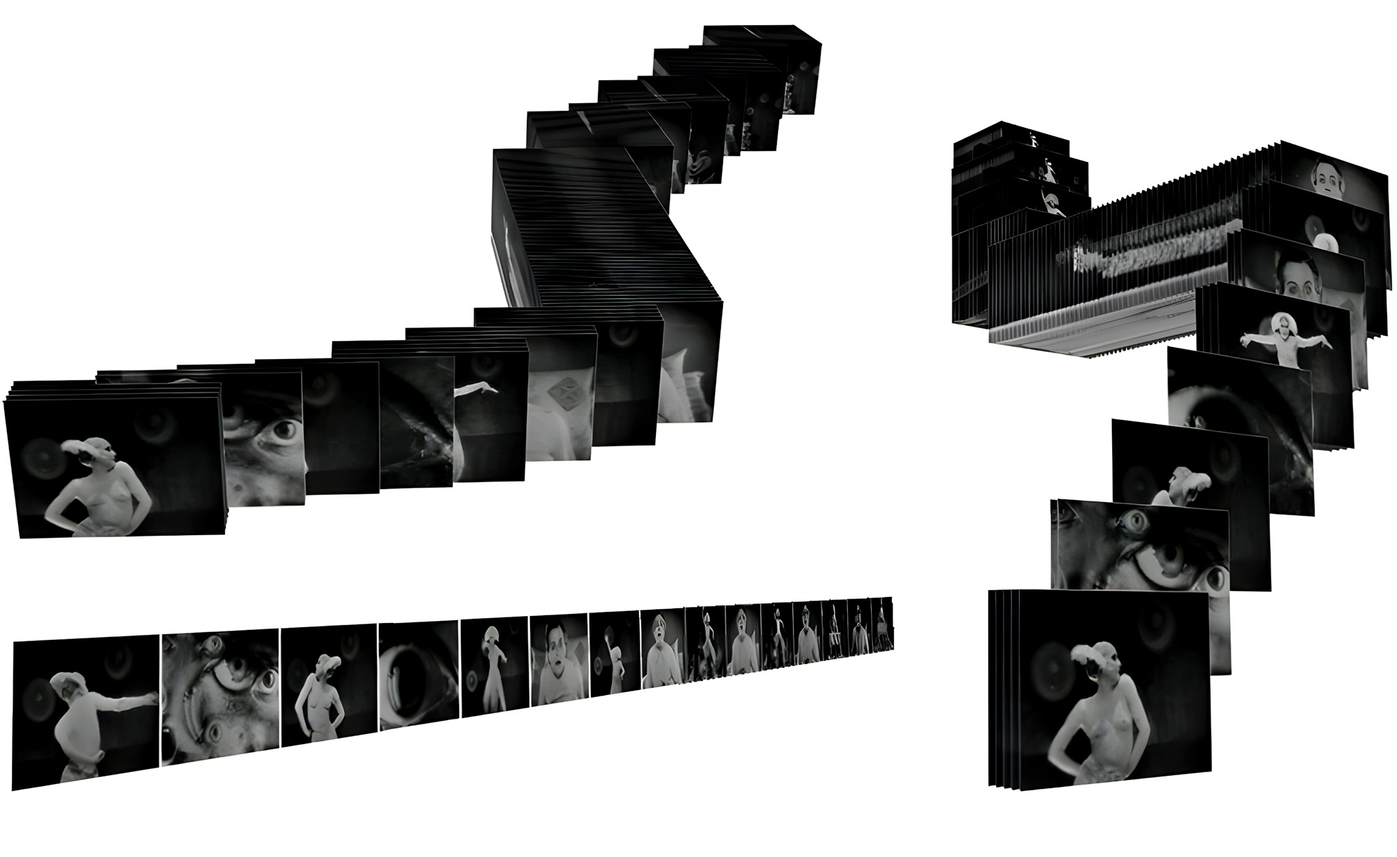 Film cuts arranged in 3D space in Recreating Movement, visualizing shot structure across the sequence