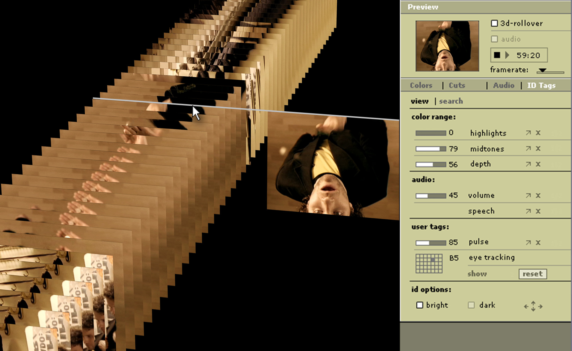 ID tags and single frame metadata displayed in the Recreating Movement film analysis tool interface