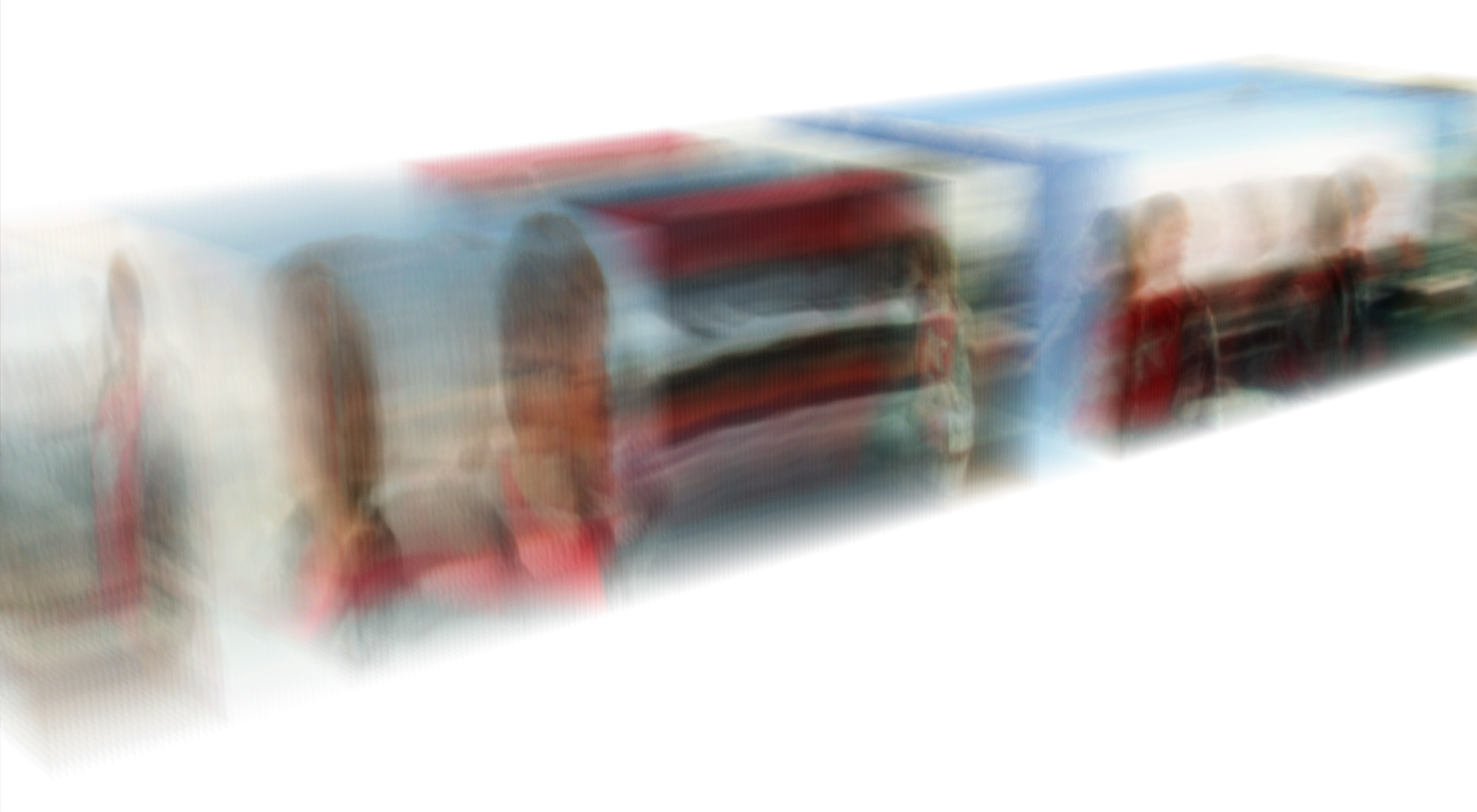 Changing the transparency of the single frames gives an insight view into the sequential frame complex in Recreating Movement, showing internal film frame structure